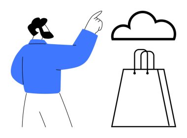 Adam alışveriş çantasının yanında bir bulut simgesini işaret ediyor. E-ticaret, çevrimiçi alışveriş, bulut hizmetleri, dijital ekonomi, teknoloji entegrasyonu, tüketici davranışı, mobil ticaret için ideal