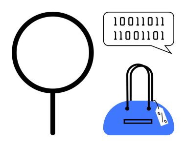 Büyüteç, ikili kodlu konuşma balonu ve fiyat etiketli çanta. Teknoloji, alışveriş, e-ticaret, güvenlik, ikili dil kodlama ve dijital işlem temaları için idealdir. Çizgi