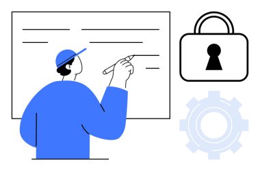 Kilit ve vites simgelerinin yanında şapka takan bir adam beyaz tahtaya yazı yazıyor. Siber güvenlik, eğitim, eğitim, planlama, iş akışı, teknoloji, veri koruması için ideal. Satır metaforu