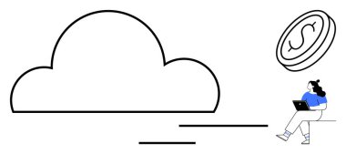 Büyük bulut hatları, para sembolü ve dizüstü bilgisayar kullanan bir kadın. İş, finans, teknoloji, uzaktan çalışma, bulut depolama, dijital ekonomi, çevrimiçi hizmetler için idealdir. Çizgi
