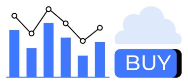 Mavi bir buton ve bulutun yanında finansal veri eğilimlerini gösteren çubuk grafik ve çizgi çizelgesi. Finans, yatırım, hisse senedi ticareti, iş analizi, ekonomik eğilimler, piyasa tahmini için ideal