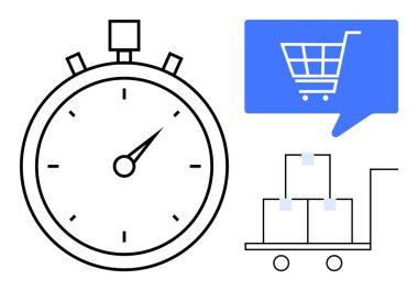 Mavi bir alışveriş arabası konuşma balonunun ve istiflenmiş kutularla dolu bir tramvayın yanındaki işaret eden ellerle kronometre. E-ticaret, zaman yönetimi, lojistik, dağıtım, çevrimiçi alışveriş için ideal