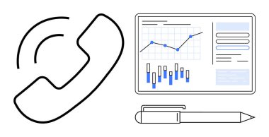 Telefon alıcı simgesi, veri analiz paneli, ekranda grafikler ve bir kalem. İş iletişimi, uzaktan çalışma, satış analizleri, veri sunumu, takım çalışması, proje için ideal