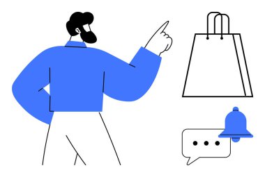 Sakallı adam alışveriş torbasını işaret ediyor, yanında sohbet balonu ve uyarı zili var. E-ticaret, çevrimiçi alışveriş, tebligatlar, müşteri hizmetleri, pazarlama, iletişim, perakende satış için ideal
