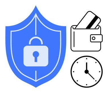 Kilitli kalkan, kartlı cüzdan ve saat işaretleme korumalı. Siber güvenlik, finansal güvenlik, zaman yönetimi, ödeme çözümleri, çevrimiçi güvenlik ve dijital cüzdanlar için ideal