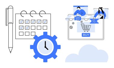 Kontrol listesi takviminin yanındaki kalem, saati olan teçhizat, nakit para ve indirimli bilgisayar ekranı. Üretkenlik, programlama, planlama, zaman yönetimi, ecommerce, çevrimiçi ödüller için ideal