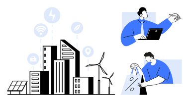 Şehir manzarası yenilenebilir enerji kaynakları ve dijital sembollerle entegre edilmiş, profesyoneller dizüstü bilgisayar ve alışveriş kullanıyor. Sürdürülebilirlik, teknoloji, kentsel gelişim, akıllı şehirler, yenilenebilir kaynaklar için ideal