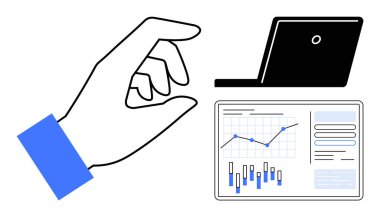 El hareketi bir dizüstü bilgisayarla etkileşime girer ve analitik, veri tabloları ve grafikleri içeren ekranı gösterir. Teknoloji, veri analizi, iş sunumları, kullanıcı arayüzü kavramları, uzaktan kumanda