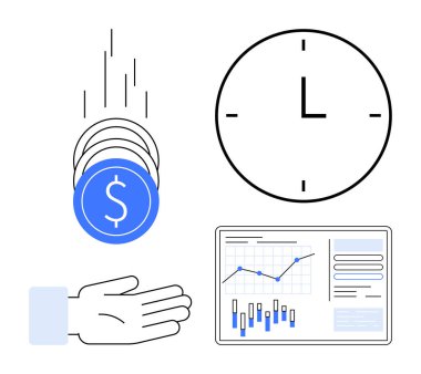 Dolar sembolü, saat, uzanmış el ve grafikli analitik gösterge paneli olan bozuk paralar. Finans, zaman yönetimi, yatırım, iş büyümesi, analiz, üretkenlik için ideal