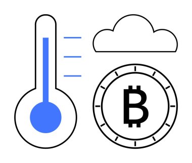 Paranın içindeki bitcoin sembolü, yükselen sıcaklığı ve bulutu gösteren termometre. Kripto para birimi, engelleme zinciri, dijital finans, bulut hesaplama, ağ güvenliği, finans teknolojisi için ideal