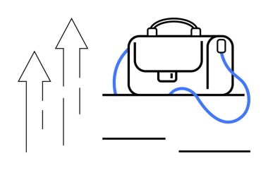 Büyümeyi ve ilerlemeyi sembolize eden oklara bağlı evrak çantası. İş stratejisi, kariyer geliştirme, mali büyüme, girişimcilik, kurumsal eğitim, mesleki başarı için ideal