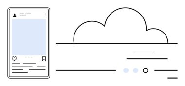 Minimalist çizgileri olan bir bulut simgesinin yanında sosyal medya iletisi gösteren akıllı telefon ekranı. Çevrimiçi iletişim, sosyal ağ, dijital pazarlama, teknolojik yenilikler, bulut hesaplama için ideal