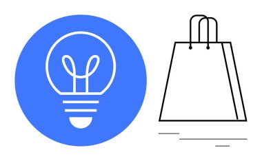 Mavi dairenin içindeki ampul bir alışveriş çantasının dış hatlarının yanında. E-ticaret, perakende satış, tüketici davranışı, satın alma eğilimleri, fikir üretimi, pazarlama stratejileri ve yenilik için ideal. Satır metaforu