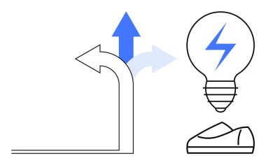 Oklar farklı yönlere vurgulanmış mavi bir ok şarj sembollü ampul ve tek ayakkabıyla ayrılmış. Karar verme, yenilik, yön, strateji ve enerji için ideal