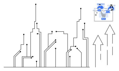 Devre bağlantılarıyla birleştirilmiş stilize şehir manzarası. İnternetten iki kişiyle alışveriş, büyümeyi gösteren oklar. Teknoloji, kentsel gelişim, dijital dönüşüm, İOT, akıllı şehirler için ideal