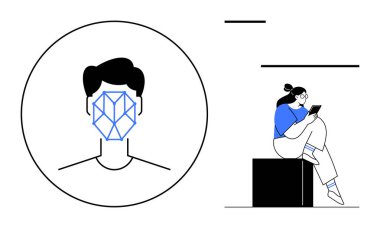 Yüz tanıma programında geometrik desen, otururken cep telefonu kullanan birey. Teknoloji, güvenlik, mobil uygulamalar, yapay zeka, mahremiyet, modern yaşam tarzı iletişimi için ideal. Çizgi
