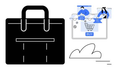Alışveriş torbası, dijital cihazlarda online alışveriş yapan kullanıcılar, bulut. E-ticaret, dijital pazarlama, web tasarımı, alışveriş uygulamaları, perakende promosyonlar, müşteri ilişkileri nakdi teklifleri için ideal