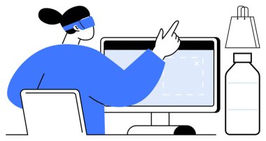 Bilgisayar ekranı ile etkileşime giren VR kulaklık takan bir kişi, bir masada su şişesi ve alışveriş çantasıyla otururken. Teknoloji için ideal, sanal gerçeklik, modern ofis, online alışveriş