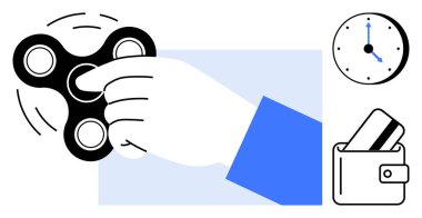 Kıpır kıpır dönen el, siyah elli mavi saat, kredi kartlı cüzdan. Stres atma, odaklanma, zaman yönetimi, verimlilik, finansal planlama rahatlama farkındalığı için ideal. Çizgi