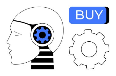 Human head profile containing a blue gear, gear symbol next to it, Buy button above. Ideal for technology, artificial intelligence, automation, e-commerce, decision making, innovation, human-machine clipart