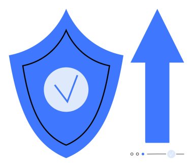 Yukarıdaki okun yanında işaretli mavi bir kalkan. Güvenlik, koruma, büyüme, iyileştirme, güvenlik doğrulaması için ideal. Çizgi benzetmesi. Basit satır simgeleri