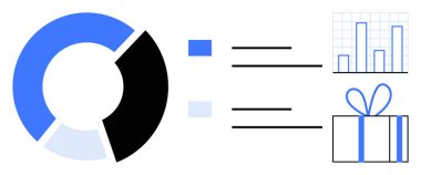 Çubuk grafik ve hediye kutusu simgesine bağlı mavi ve siyah kesitli pasta grafiği. Veri analizi, performans ölçümleri, iş raporları, ödül sistemleri, sunumlar, bilgi grafikleri, pazarlama için ideal