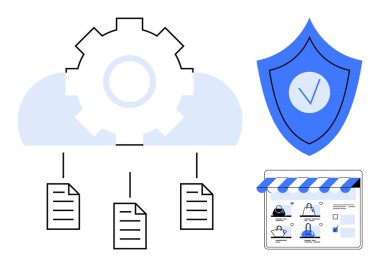 Teçhizatlı bulut, bağlantılı belgeler ve çevrimiçi bir mağaza arayüzünün yanında işaretli bir kalkan. Bulut hizmetleri, güvenlik, çevrimiçi iş, veri yönetimi, bilişim altyapısı için ideal