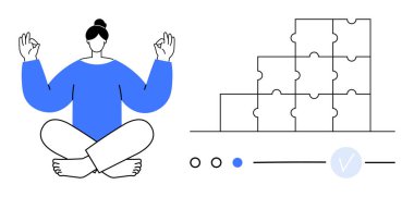 Yogada meditasyon yapan biri Mudra 'da elleri çapraz bacaklı yapboz parçalarının yanına oturmuş. Farkındalık, akıl sağlığı, problem çözme, meditasyon uygulamaları, sağlık programları için ideal