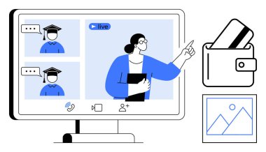 Mezunlarla canlı yayında yapılan mezuniyet töreninde elinde tablet tutan kadın sunucu. Çevrimiçi eğitim, sanal olaylar, uzaktan iletişim, e-öğrenme, webinarlar için ideal