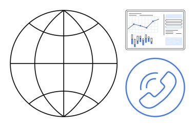 Küresel bağlantıyı gösteren çizgileri, çeşitli grafikleri ve verileri olan iş haritası, mavi telefon arama ikonu olan büyük bir dünya. Telekomünikasyon, küresel iş, veri analizi ve dijital için ideal