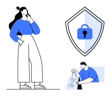 Kadın telefonu tutarken düşünür, kalkan güvenliği simgeler, adam alışveriş çantalarını taşır. Çevrimiçi güvenlik, e-ticaret, siber güvenlik, veri koruması, güvenli işlemler için ideal