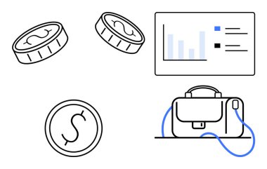 Bozuk paralar, veri noktaları olan çubuk grafikler ve beyaz yüzey üzerindeki evrak çantası zenginlik yönetimi ve iş büyümesini temsil ediyor. Finans, iş planlaması, yatırımlar, ekonomik analiz, bütçe