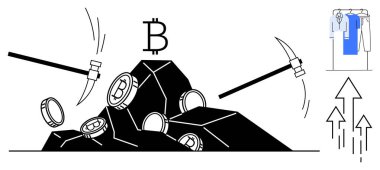 Üzerinde Bitcoin sembolü olan bir yığın kayadan madeni para topluyor. Yükselen okları ve asılı kıyafetleri olan bir bar çizelgesi. Kripto para birimi, engelleme zinciri, dijital finans, teknoloji, Bitcoin için ideal