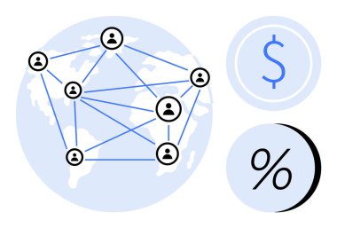 Bir dünya haritası üzerinde birbirine bağlı kullanıcı simgeleri ağı. Dolar işareti ve yüzde sembolleri içeriyor. Finans, küresel ticaret, iş stratejisi, ekonomi, dijital iletişim, teknoloji için ideal