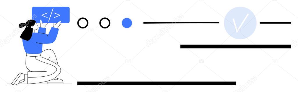 Female coder holding a card with coding symbols, three progress ...