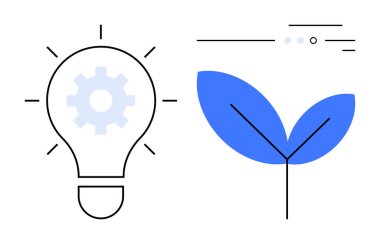 İçinde teçhizat olan ampul ve gelişim, gelişme ve yenilik gösteren bitkiler filizleniyor. İş stratejisi, teknoloji, sürdürülebilirlik, yaratıcı çözümler, ilerleme, başlangıç fikirleri için ideal