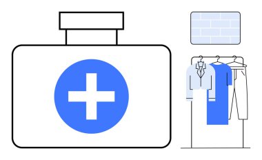 Üzerinde mavi haç bulunan büyük bir tıbbi malzeme seti. Duvarın yanında profesyonel giysiler tutuyor. Sağlık, gardırop, profesyonellik, organizasyon, üniformalar, tıbbi uygulamalar için ideal