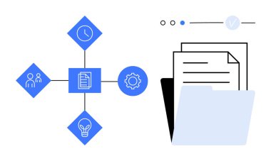 Papers in a folder with four interconnected blue diamond icons clock, people, lightbulb, and gear. Ideal for business processes, organization, productivity, data management, office work clipart