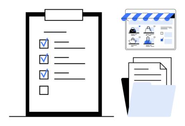 Kontrol işaretli görev listesi, kullanıcı avatarlı çevrimiçi profil sayfası, dizinin içindeki belgeler. Proje yönetimi, görev izleme, çevrimiçi profiller, belge organizasyonu, verimlilik için ideal