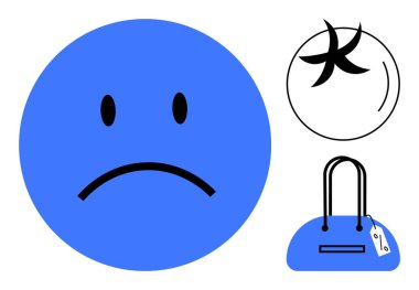 Fiyat etiketi ve Balık burcu sembolü olan bir el çantasının yanında hüzünlü bir surat. Finansal stres, duygusal refah, tüketim, zodyak temalar, akıl sağlığı, alışveriş alışkanlıkları, değer. Çizgi