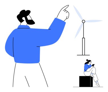 Bir kadın tablet kullanarak kutunun üzerinde otururken, bir adam rüzgar türbiniyle yukarıya doğru bakıyor. Yenilenebilir enerji, çevresel farkındalık, teknoloji, takım çalışması, modern çözümler, yeşil