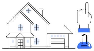 Modern banliyö evi, garajı bağlı, elini kaldırmış ve mavi el çantası var. Gayrimenkul, ev satın alma, emlak yönetimi, mimari tasarım, çevrimiçi alışveriş, e-ticaret dijital