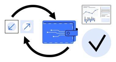 Eğri oklarla çevrili dijital cüzdan, veri tablosu, yön simgeleri ve işaretli sembol. Dijital ödemeler, mali büyüme, işlem verimliliği, veri yönetimi, fintech, güvenli