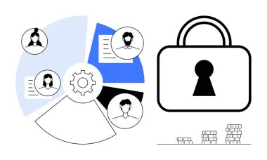 Dört bölümlü turta tablosu, her biri takım üyelerinin merkezde toplanmış bozuk paraları gösteriyor. İş stratejisi, takım çalışması, veri koruması, finans, işbirliği, siber güvenlik için ideal