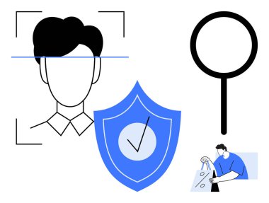 Yüz tanıma tarayıcısı, işaretli mavi güvenlik kalkanı, büyük büyüteç ve paketle ilgilenen kişi. Siber güvenlik, teknoloji, mahremiyet, e-ticaret, kimlik denetimi için ideal