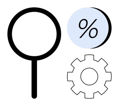 Büyüteç arama ve keşfi vurguluyor. Yüzdelik sembol finansal, matematiksel analiz ve faiz oranlarını vurguluyor. Vites ayarları ve optimizasyonu öneriyor. Araştırma için ideal