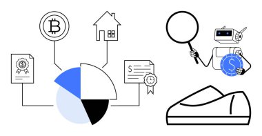 Robot elinde büyüteç ve para birimi ile mali belgeleri, evi, kripto para sembolünü ve yatırım pastası grafiğini inceliyor. Finansal analiz, kripto para, gayrimenkul için ideal