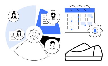 İşaretli tarihli takvim, takım arkadaşı Avatarlarla pasta çizelgesi, bir dişli ve bir spor ayakkabısı. Proje yönetimi, takvim, takım çalışması, üretkenlik, iş akışı optimizasyonu, görev heyeti, zaman