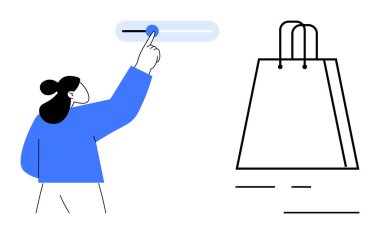 Büyük bir alışveriş çantasının yanına kurulum düğmesi ayarlayan kişi. E-ticaret, alışveriş, kişiselleştirme, kullanıcı deneyimi, pazarlama, teknoloji ve müşteri hizmetleri için ideal. Satır metaforu