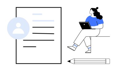 Profil belgesi ve kalemin yanına dizüstü bilgisayar kullanan kişi. İş başvuruları, yeniden düzenleme, işe alım süreçleri, çevrimiçi portföyler, kariyer tavsiyeleri, işe alım ve dijital profiller için ideal. Çizgi